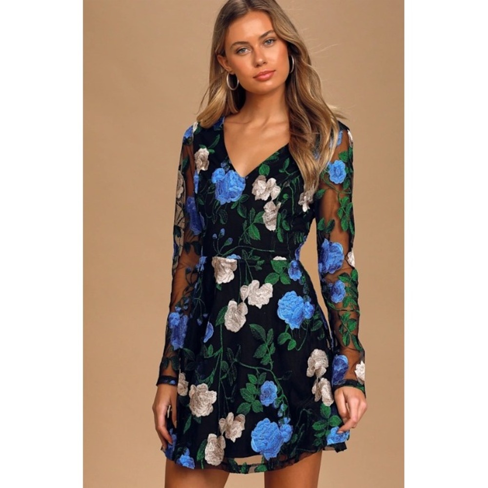 Lulus Black Floral Embroidered Mesh Mini Dress Long Sleeve Small NWT